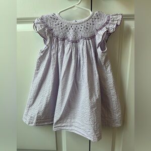 Classic Whimsy Seersucker Smocked Purple and White Embroidered Dress (Sz 9Mo)